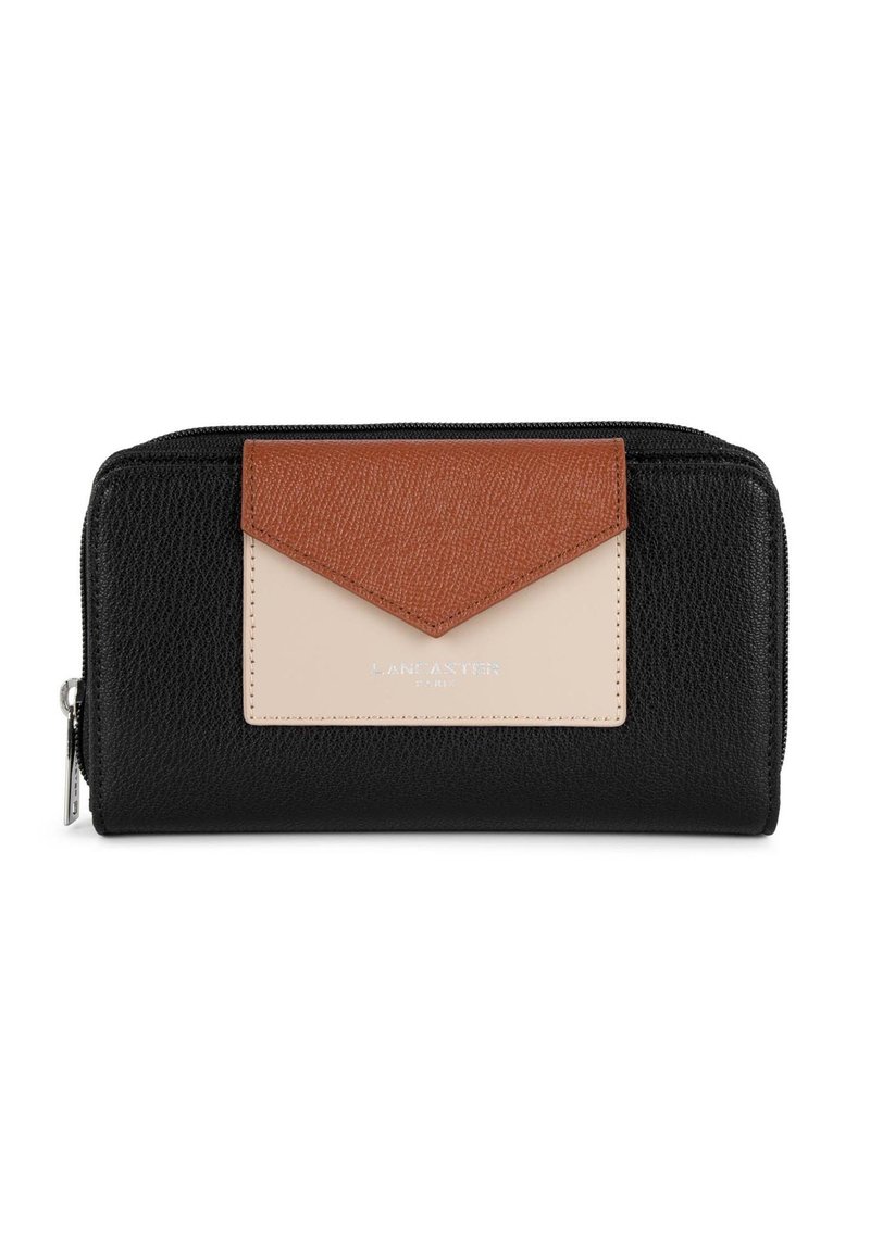 Portefeuille noir avec une finition en cuir texturé, présentant un rabat avant marron et beige et du matériel en métal argenté. Fermeture éclair sur le bord supérieur.