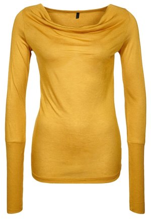 Haut jaune moutarde à manches longues pour femmes, avec un large col drapé et des manches et un corps ajustés.