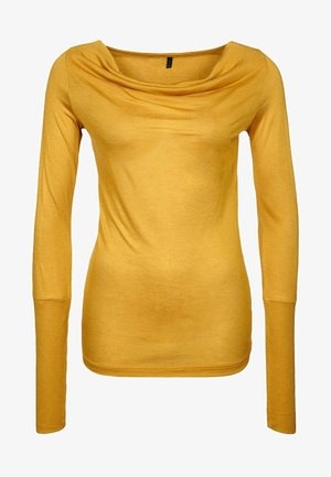 Haut jaune moutarde à manches longues pour femmes, avec un large col drapé et des manches et un corps ajustés.
