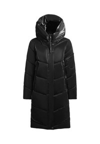 Sort pufferjakke med en høj, overdimensioneret hætte, med en glossy finish, skjult lynlås og quiltet, polstret design.