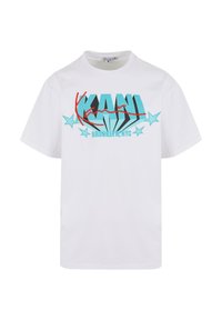 White cotton t-shirt featuring a turquoise and red graphic design with text, surrounded by light blue stars. Short sleeves, relaxed fit.