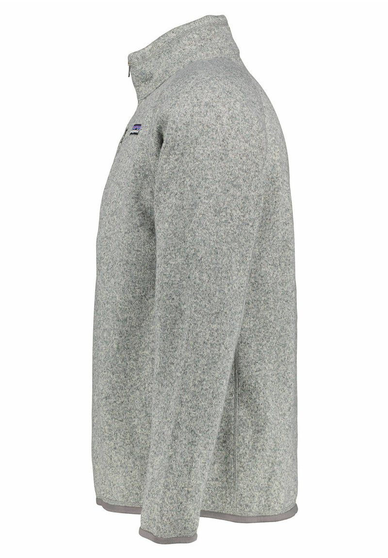 Gray fleece pullover with high collar, featuring a textured knit pattern and contrasting trim along the hem and cuffs. Small logo on chest.