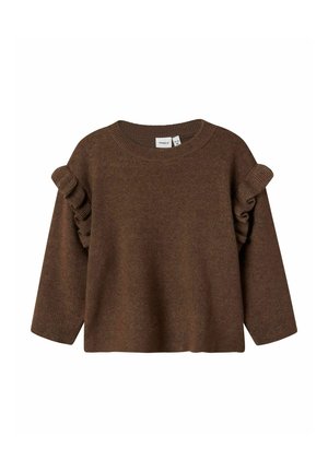 Maglione marrone lavorato a maglia con scollatura rotonda e dettagli arricciati sulle maniche. Presenta maniche lunghe e una vestibilità rilassata.