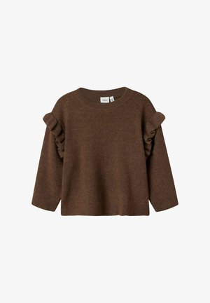 Brauner Strickpullover mit rundem Ausschnitt und Rüschendetails an den Ärmeln. Hat lange Ärmel und eine entspannte Passform.