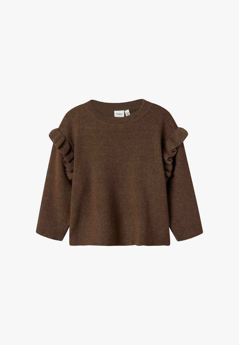 Un pull en tricot marron avec un col rond et des accents volants sur les manches. Il possède de longues manches et une coupe décontractée.