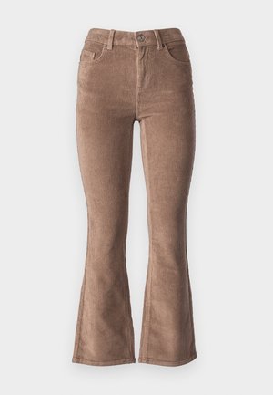 Brown corduroy flared pants with a ribbed texture, featuring a high waist, five pockets, and a front button closure.