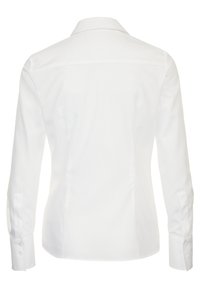 Vit långärmad åtsittande skjorta med knappade manschetter och klassisk krage, visad bakifrån mot en enfärgad vit bakgrund.