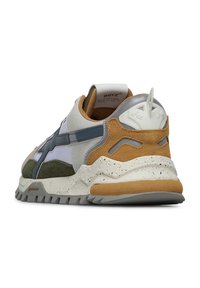 Sneaker multicolore che presenta un mix di materiali tra cui suede e mesh. Dettagli notevoli includono una suola maculata, un colletto imbottito e un design unico del tallone.