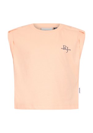 Peach-colored sleeveless crop top with shoulder pads and "RJ Retour Jeans" logo printed on the left chest.