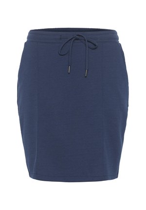Jupe bleu marine en tissu doux, avec une taille à cordon, une ceinture élastique et des poches latérales. Texture lisse et forme ajustée.