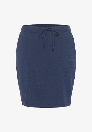 Marineblaue Rock aus weichem Stoff, mit Kordelzugbund, elastischem Bund und seitlichen Taschen. Glatte Textur und taillierte Form.