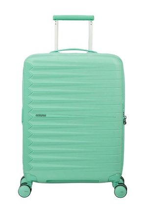 Valigia rigida verde menta con manico telescopico e quattro ruote girevoli, superficie anteriore con trama a righe orizzontali.