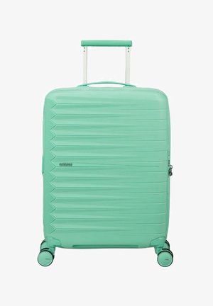 Valigia rigida verde menta con manico telescopico e quattro ruote girevoli, superficie anteriore con trama a righe orizzontali.