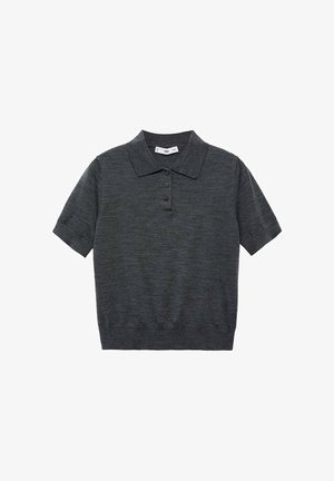 Šedé polo tričko s krátkým rukávem vyrobené z texturované tkaniny. Má klasický límec a tři přední knoflíky. Jednoduchý a univerzální design.