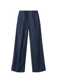 Pantalon large bleu foncé avec plis sur le devant et poches latérales, fabriqué dans un tissu type denim.