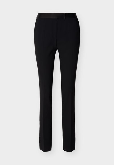 Pantalon slim noir formel avec fermeture éclair à l'avant et taille avec ceinture, conçu pour un look ajusté et soigné.