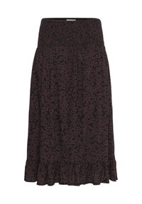 Gonna a stampa floreale in viola scuro e nero, con vita arricciata e orlo a balze. Realizzata in un tessuto leggero con un design fluido.