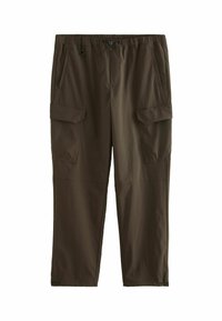 Pantalones cargo en verde olivo oscuro, fabricados con tejido ligero, que cuentan con una cintura elástica, bolsillos laterales y grandes bolsillos cargo en los muslos.