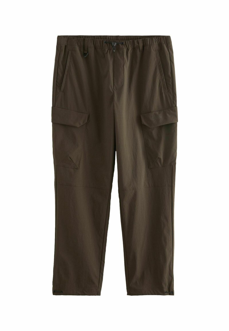 Pantalones cargo en verde olivo oscuro, fabricados con tejido ligero, que cuentan con una cintura elástica, bolsillos laterales y grandes bolsillos cargo en los muslos.