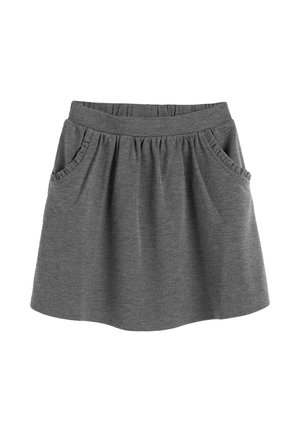 Grauer, knielanger Rock aus weichem, strukturiertem Stoff. Verfügt über einen elastischen Bund und zwei Seitentaschen mit Rüschenakzenten.