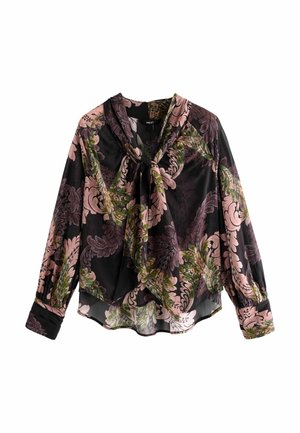 Black sheer blouse with long sleeves, pink and green floral pattern, and a tied bow at the neckline.