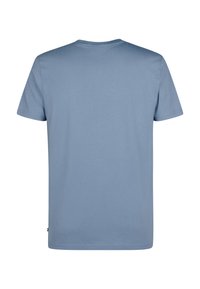 Tričko s krátkým rukávem z světle modré látky, s kulatým výstřihem a rovnými lemy. Hladká textura bez vzorů nebo akcentů.