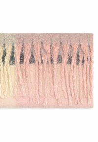 Vævet tæppe i bløde pastelfarver med en gradient af creme, pink og grå. Har lange, snoede frynser langs den ene kant for ekstra tekstur.