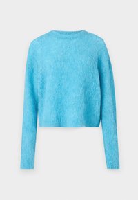 Pull court bleu clair en matière douce et duveteuse, avec manches longues et encolure ronde. Surface texturée avec un tissage lâche.