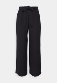 Pantalones negros de pierna ancha con cintura alta y cinturón de tela atado en un lazo en la parte delantera.