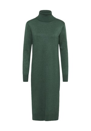 Tamnozelena, dugih rukava, midi dužine pletena haljina s rebrastim turtleneck-om i rukavima na manžetne.