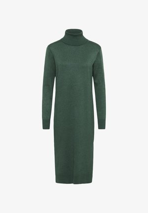 Robe tricotée midi à manches longues, de couleur vert foncé, avec un col roulé côtelé et des manches à revers.