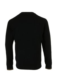 Schwarzer langärmliger Strickpullover von hinten gezeigt, mit gerippten Bündchen und dünnen beigen Streifen.