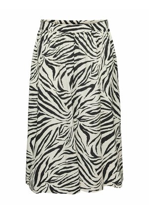 Jupe mi-longue imprimé zèbre noir et blanc avec une taille élastique et des détails plissés sur le devant.