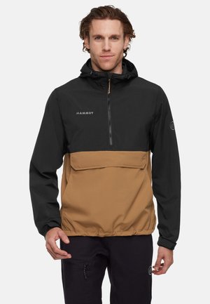 Veste à capuche noire et marron en tissu léger ; dotée d'une fermeture éclair mi-longue à l'avant, d'une grande poche avant et de poignets élastiques.