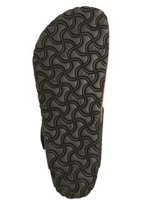 Zwarte rubberen sandaalzoet met een golvend patroon en het reliëf "Birki" logo. Textuur voor grip, met verhoogde groeven en contouren voor tractie.