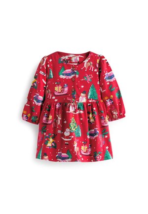 Rotes langärmliges Kleinkindkleid mit weihnachtlichen Motiven, darunter Weihnachtsmann, Rentiere, Geschenke, Schneemänner und geschmückte Bäume, mit Knöpfen auf der Brust.