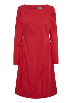 Rotes Kleid mit quadratischem Ausschnitt, langen Ärmeln und gerafften Manschetten. Hergestellt aus glattem Stoff; A-Linien-Silhouette mit knielanger Saumlänge.