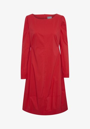Rode jurk met een vierkante halslijn, lange mouwen en gathered manchetten. Gemaakt van een gladde stof; A-lijn silhouet met een knie-lange zoom.