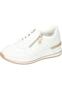 Weißer Sneaker mit einem glatten Lederobermaterial, Schnürverschluss, seitlichem Reißverschluss und beigen Akzenten an der Ferse und der Zwischensohle; strukturierte Oberflächendetails.