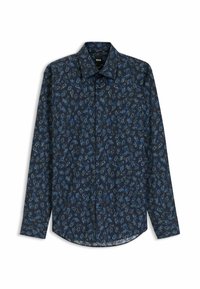 Zwarte lange mouwen shirt met een blauw bladpatroon, knoopsluiting aan de voorkant en klassieke kraag. Gemaakt van een lichtgewicht stof met een gladde textuur.