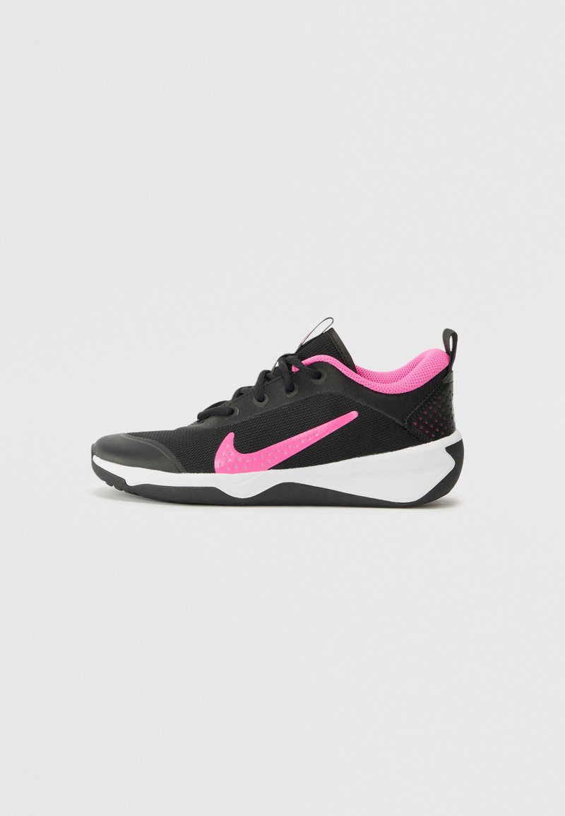 Black athletic shoe with pink accents, mesh upper, padded collar, and white midsole. Features a prominent pink logo on the side.