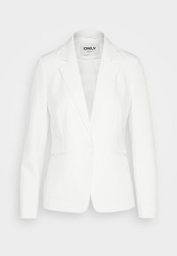 Blazer blanc ajusté avec un col structuré, une fermeture à un bouton et deux poches avant. Texture lisse avec une finition polie.