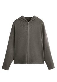 Hoodad zip-up tröja i mörkgrått. Har en strukturerad tyg, ribbad nederkant och mudd, samt en avslappnad passform med sänkta axlar.
