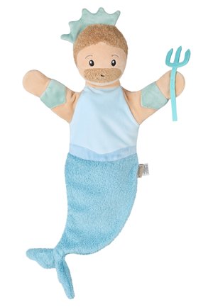 Plush hand puppet of a merman with light brown hair, light blue crown, blue tail, and holding a small blue trident.