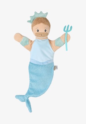 Plush hand puppet of a merman with light brown hair, light blue crown, blue tail, and holding a small blue trident.
