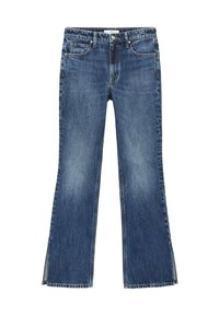 Jeans de denim azul acampanados con un lavado medio, con una cintura ajustada, dos bolsillos frontales y dobladillos divididos en los tobillos.