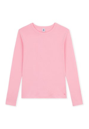 Maglietta rosa tenue a maniche lunghe con scollo tondo e piccolo logo vicino all'orlo inferiore su sfondo bianco.