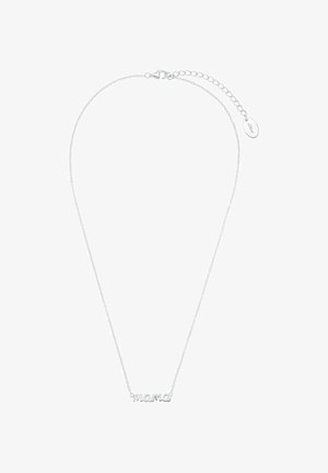 Zilveren ketting met een cursieve "mama" hanger. Fijne schakels met een sluiting en een verstelbare ketting voor lengte. Eenvoudig en elegant ontwerp.