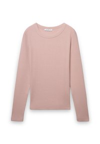 Maglia a maniche lunghe in cotone di colore rosa chiaro con scollo rotondo e trama a coste. Design semplice senza motivi o accenti visibili.