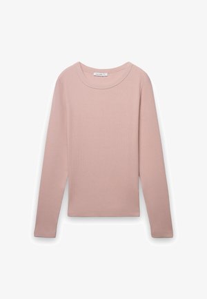 Maglia a maniche lunghe in cotone di colore rosa chiaro con scollo rotondo e trama a coste. Design semplice senza motivi o accenti visibili.